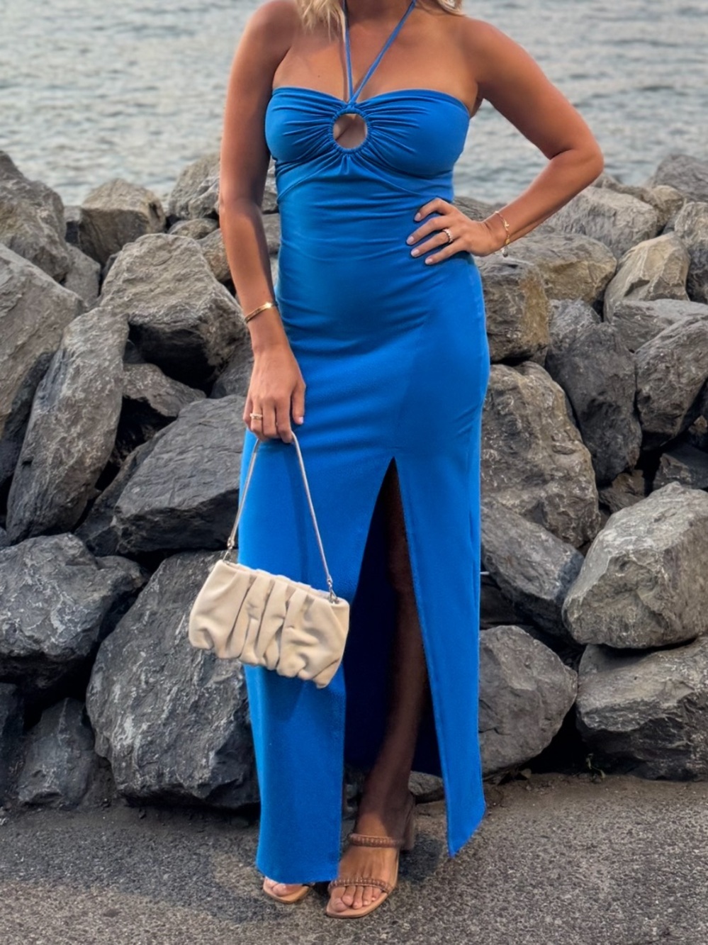 Susana Monaco Royal Blue Halter Maxi Dress with Front Slit
